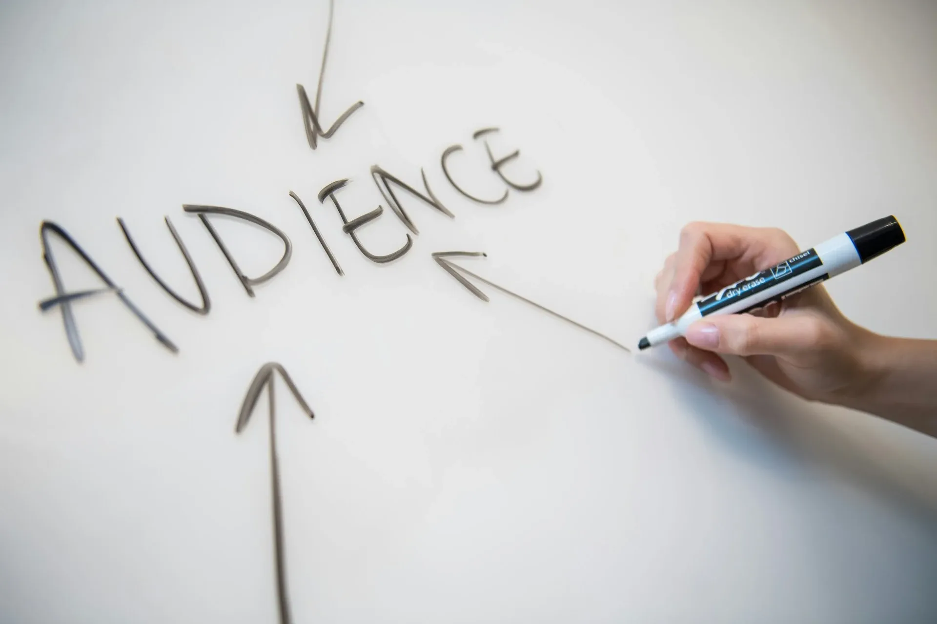 Woman's hand writing the word 'audience' on a whiteboard, with arrows.